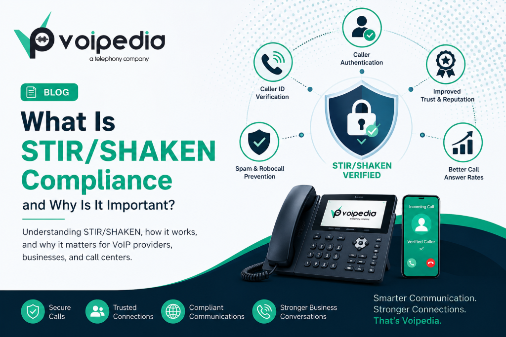 Voipedia STIR/SHAKEN compliance blog banner showing caller authentication, spam prevention, verified VoIP calls, and telecom security concepts for VoIP providers and call centers.